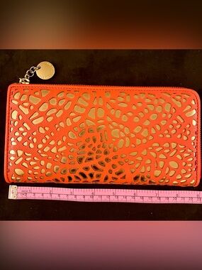 Ivanka Trump Red Laser-Cut Zip Wallet with Gold Underlay